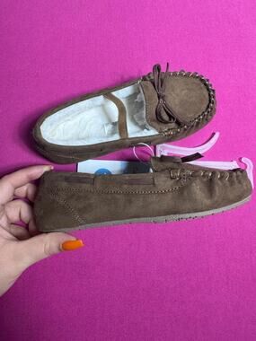 George Moccasin Slippers Brown Suede Faux Fur Lined Cozy Toddler Size 12
